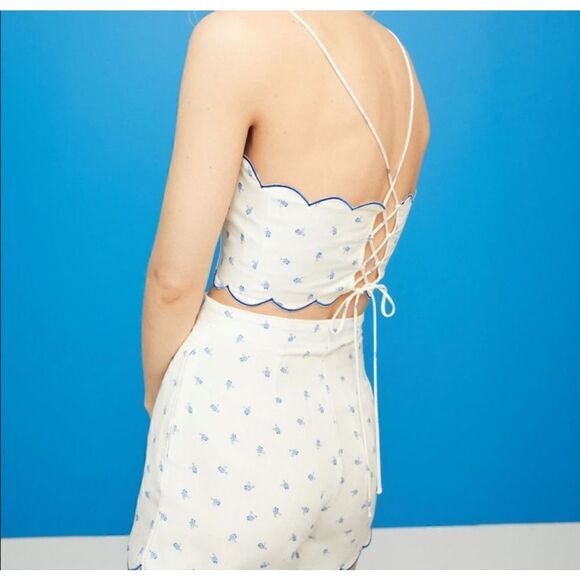 H&M White Blue Floral Linen Blend Top and Short Set 6/M - Picture 2 of 5